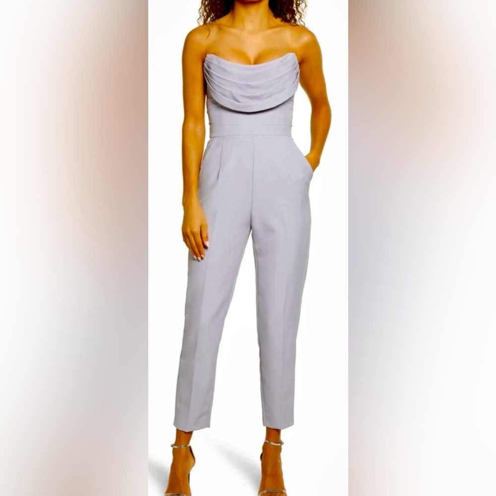 Lavish Alice Pleated Cowl Bandeau Strapless Jumpsuit in Blue Grey
